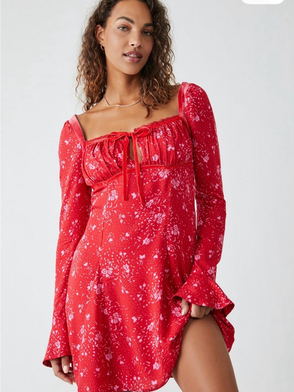 Free People Red Floral Tie-Front Long-Sleeve Mini Dress